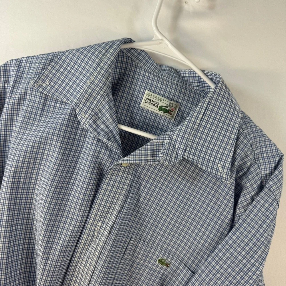 Vintage Chemise Lacoste Mens Blue Gingham Button Down Shirt Made in France XL